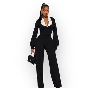 New Fashion Nova Long Sleeve Sweater Wide Leg Elegant Black Jumpsuit Size 1X